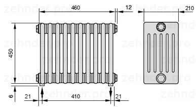 Схема (чертеж) Радиатор Zehnder Charleston 6045/10 №5310 Белый глянцевый RAL 9016